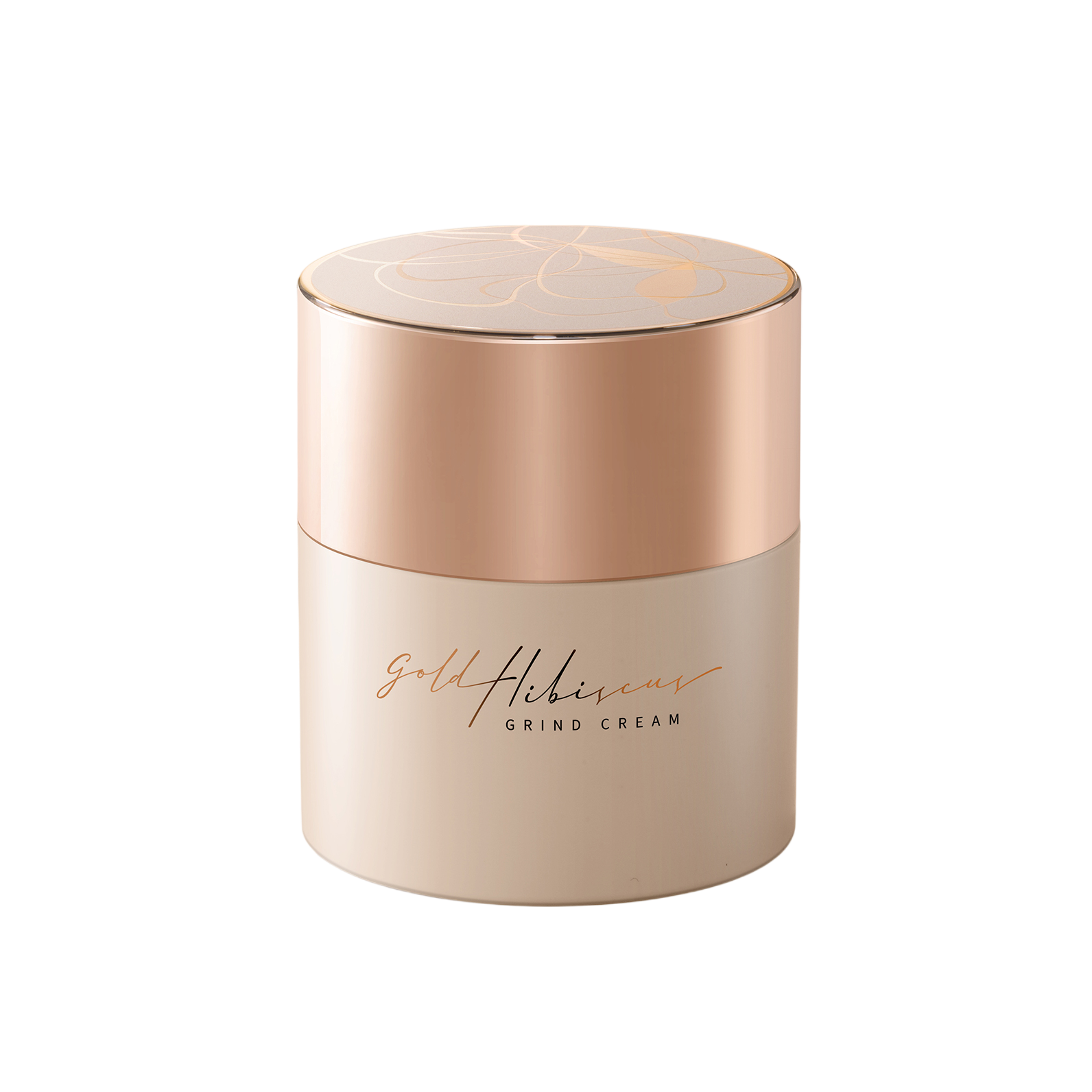 Skincare jar with gold lid and beige body on a white background