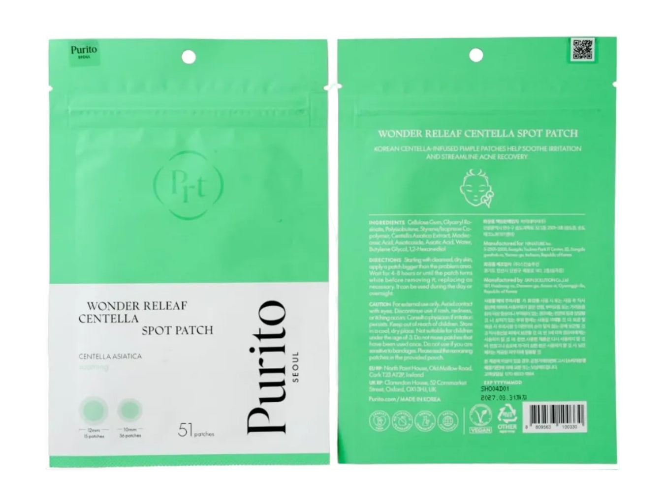 Two green packages of Purito Wonder Releaf Centella Spot Patch with branding and product details.