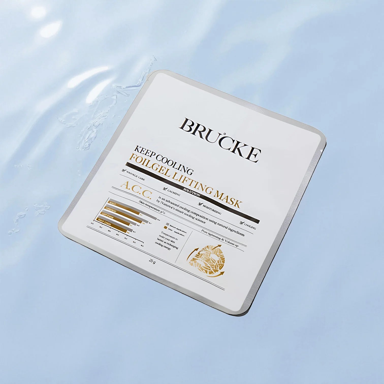 Brucke skincare mask packaging on a light blue background