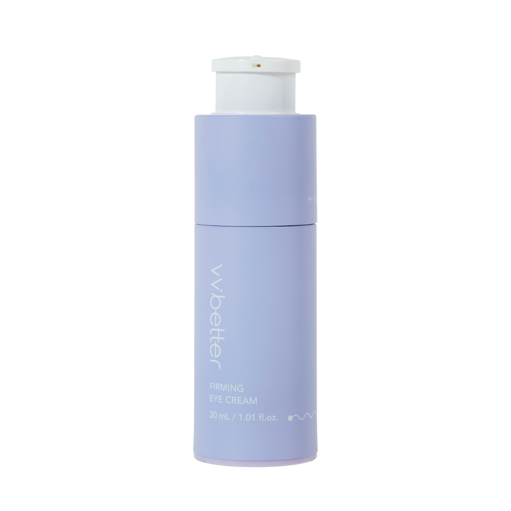 Purple eye cream bottle with white cap on a white background