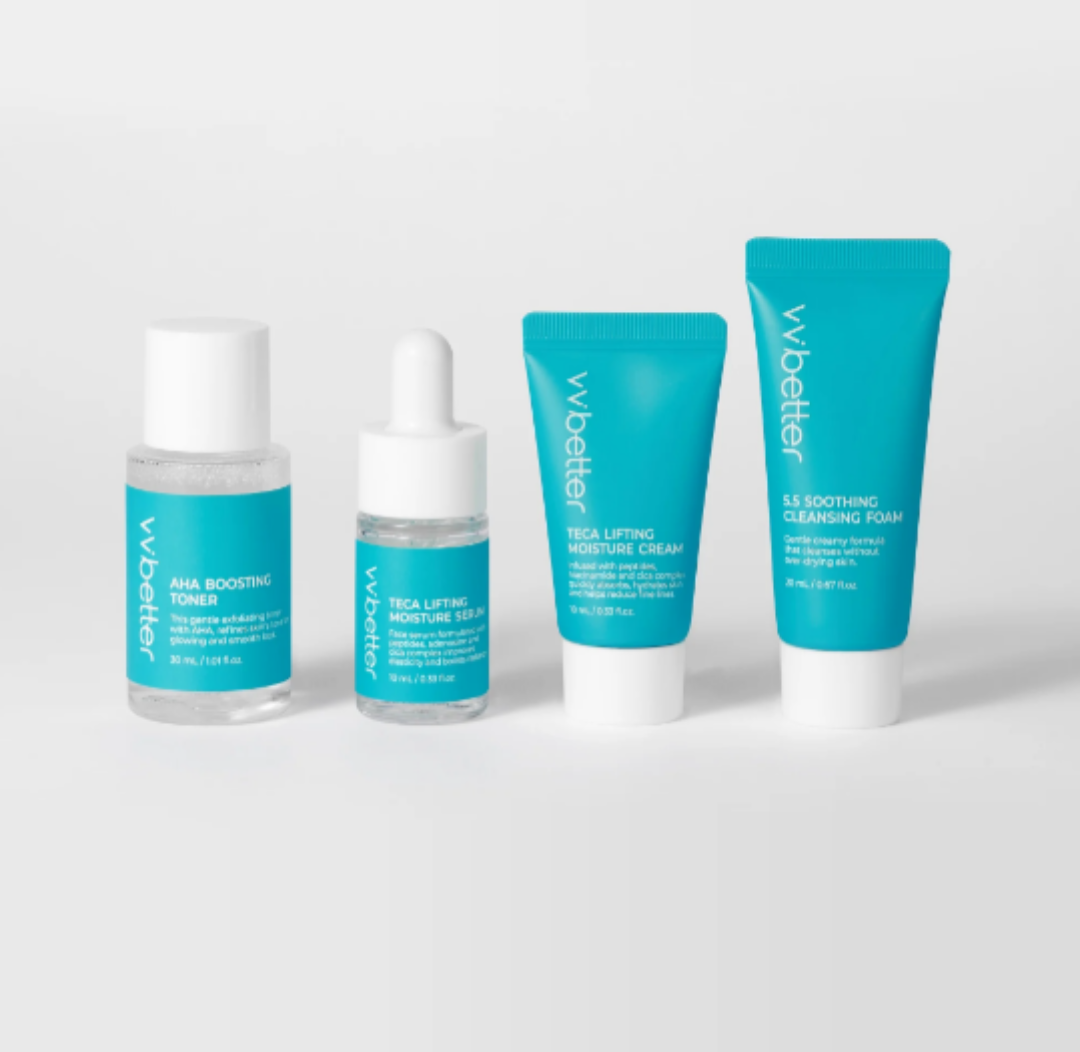 Set of skincare products with blue and white packaging on a light gray background