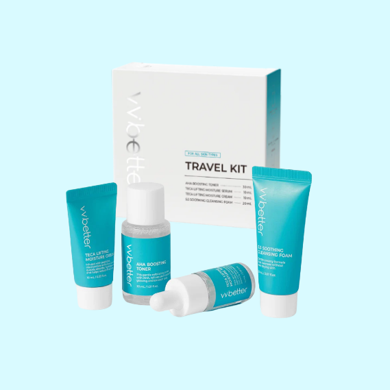 Weltite travel kit with skincare products on a light blue background