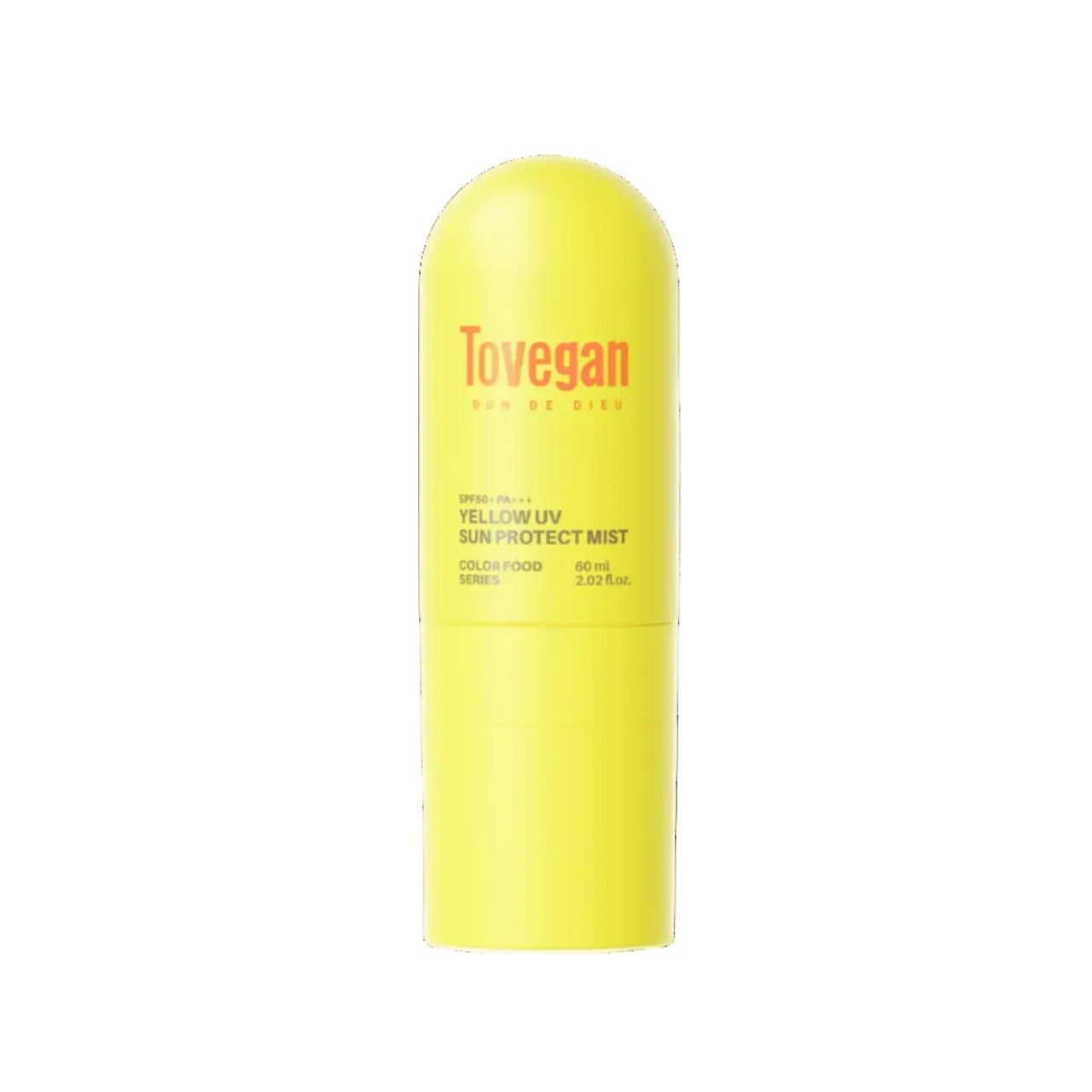 A bright yellow cylindrical sunscreen bottle with a rounded cap, featuring the brand name 'Tovegan' in orange and 'Yellow UV' in black text on the front, set against a plain white background.