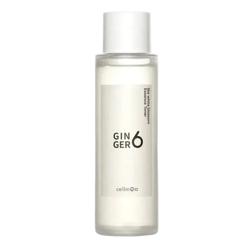 A clear cylindrical bottle of Cellmoda Ginger 6 facial toner with a white cap and a minimalist white label, shown against a solid light gray background.