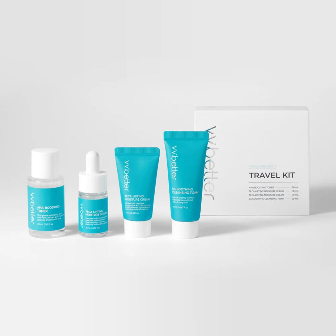 Vichy skincare travel kit with bottles and a box on a white background