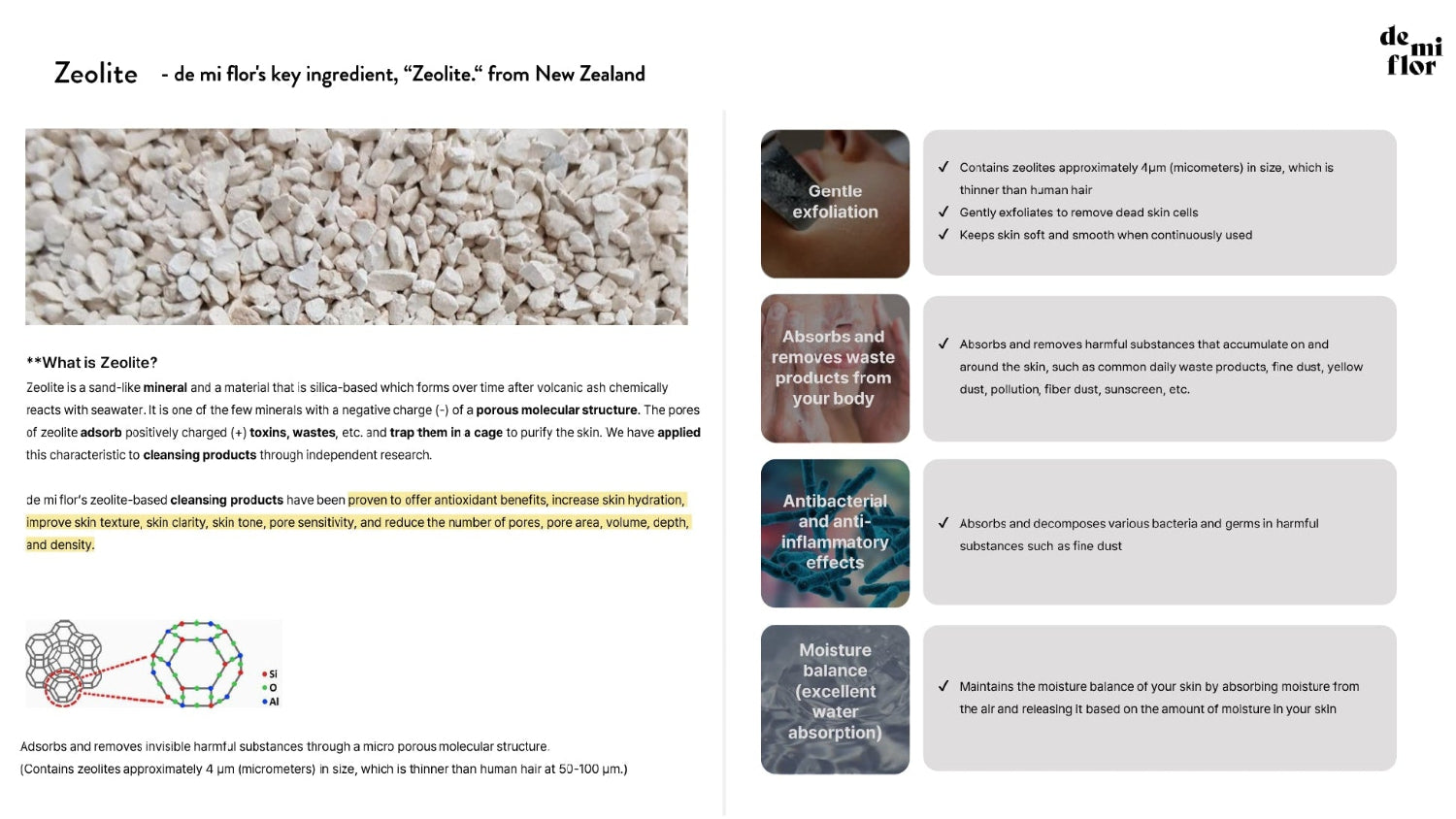 Product information slide about Zeolite from New Zealand, featuring text and images.