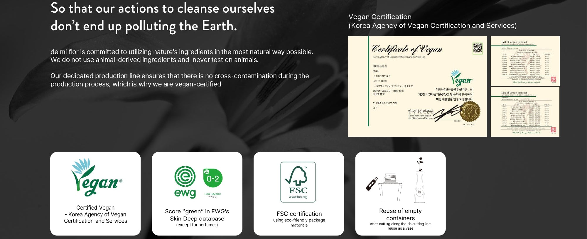 Vegan certification logos and documents on a black background
