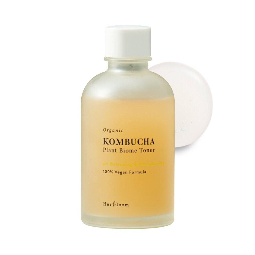 Kombucha plant biome toner bottle with white cap on a white background